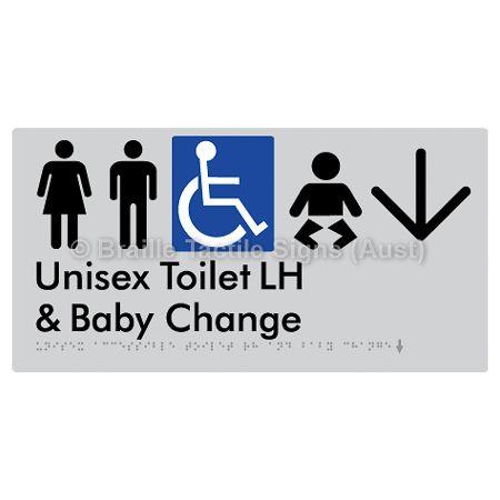 Braille Sign Unisex Accessible Toilet LH and Baby Change w/ Large Arrow: - Braille Tactile Signs (Aust) - BTS33LHn->D-slv - Fully Custom Signs - Fast Shipping - High Quality - Australian Made &amp; Owned