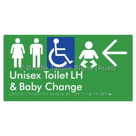 Braille Sign Unisex Accessible Toilet LH and Baby Change w/ Large Arrow: - Braille Tactile Signs (Aust) - BTS33LHn->R-grn - Fully Custom Signs - Fast Shipping - High Quality - Australian Made &amp; Owned