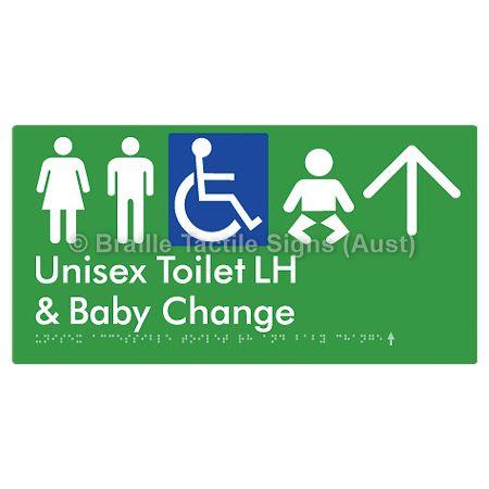 Braille Sign Unisex Accessible Toilet LH and Baby Change w/ Large Arrow: - Braille Tactile Signs (Aust) - BTS33LHn->U-grn - Fully Custom Signs - Fast Shipping - High Quality - Australian Made &amp; Owned