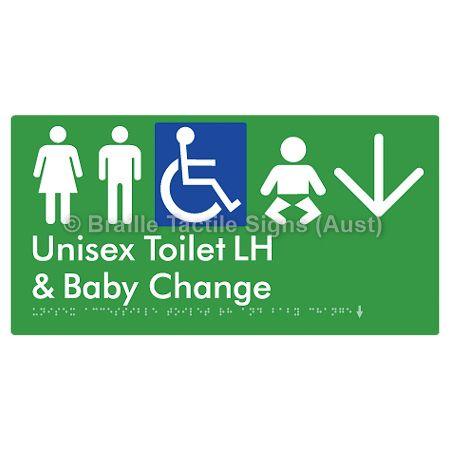 Braille Sign Unisex Accessible Toilet LH and Baby Change w/ Large Arrow: - Braille Tactile Signs (Aust) - BTS33LHn->D-grn - Fully Custom Signs - Fast Shipping - High Quality - Australian Made &amp; Owned