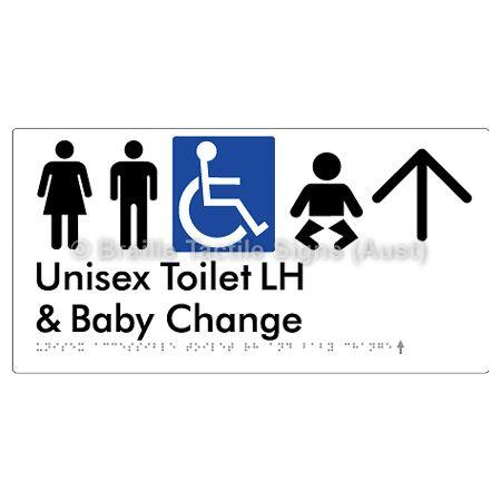 Braille Sign Unisex Accessible Toilet LH and Baby Change w/ Large Arrow: - Braille Tactile Signs (Aust) - BTS33LHn->U-wht - Fully Custom Signs - Fast Shipping - High Quality - Australian Made &amp; Owned