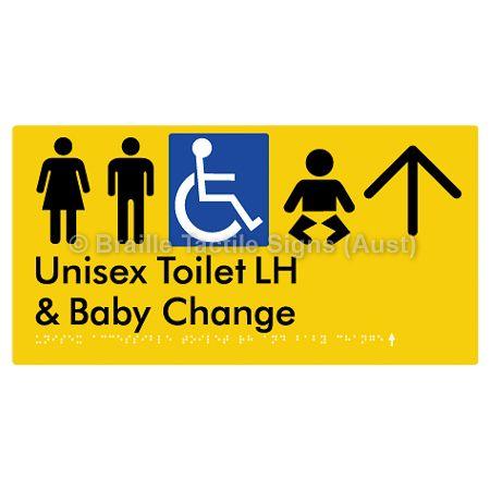 Braille Sign Unisex Accessible Toilet LH and Baby Change w/ Large Arrow: - Braille Tactile Signs (Aust) - BTS33LHn->U-yel - Fully Custom Signs - Fast Shipping - High Quality - Australian Made &amp; Owned
