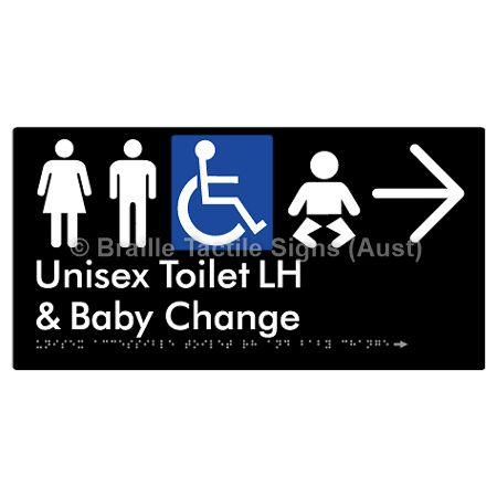 Braille Sign Unisex Accessible Toilet LH and Baby Change w/ Large Arrow: - Braille Tactile Signs (Aust) - BTS33LHn->R-blk - Fully Custom Signs - Fast Shipping - High Quality - Australian Made &amp; Owned