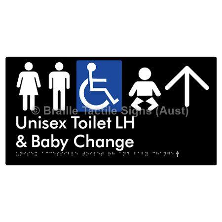Braille Sign Unisex Accessible Toilet LH and Baby Change w/ Large Arrow: - Braille Tactile Signs (Aust) - BTS33LHn->U-blk - Fully Custom Signs - Fast Shipping - High Quality - Australian Made &amp; Owned