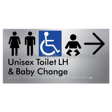 Braille Sign Unisex Accessible Toilet LH and Baby Change w/ Large Arrow: - Braille Tactile Signs (Aust) - BTS33LHn->R-aliS - Fully Custom Signs - Fast Shipping - High Quality - Australian Made &amp; Owned