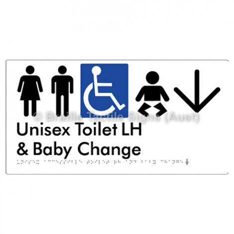 Braille Sign Unisex Accessible Toilet LH and Baby Change w/ Large Arrow: - Braille Tactile Signs (Aust) - BTS33LHn->L-blu - Fully Custom Signs - Fast Shipping - High Quality - Australian Made &amp; Owned