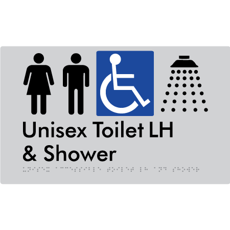 Braille Sign Unisex Accessible Toilet LH & Shower - Braille Tactile Signs Aust. - BTS35LHn-slv - Custom Signs - Fast Shipping - High Quality - Australian Made &amp; Owned