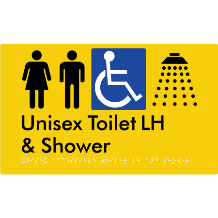 Braille Sign Unisex Accessible Toilet LH & Shower - Braille Tactile Signs Aust. - BTS35LHn-yel - Custom Signs - Fast Shipping - High Quality - Australian Made &amp; Owned