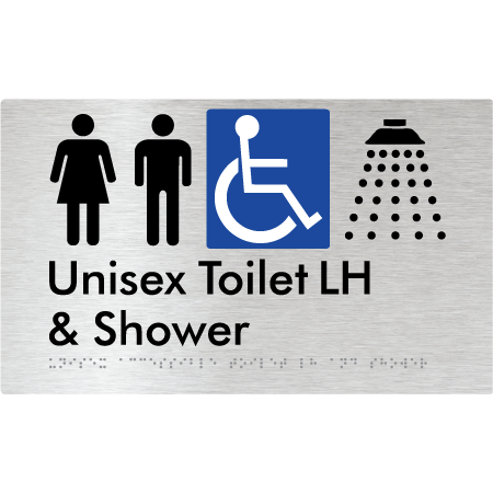 Braille Sign Unisex Accessible Toilet LH & Shower - Braille Tactile Signs Aust. - BTS35LHn-aliB - Custom Signs - Fast Shipping - High Quality - Australian Made &amp; Owned
