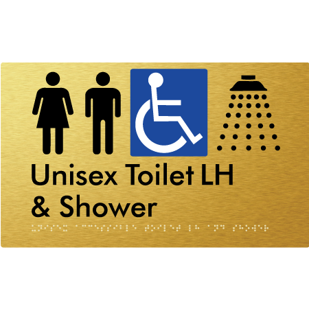 Braille Sign Unisex Accessible Toilet LH & Shower - Braille Tactile Signs Aust. - BTS35LHn-aliG - Custom Signs - Fast Shipping - High Quality - Australian Made &amp; Owned