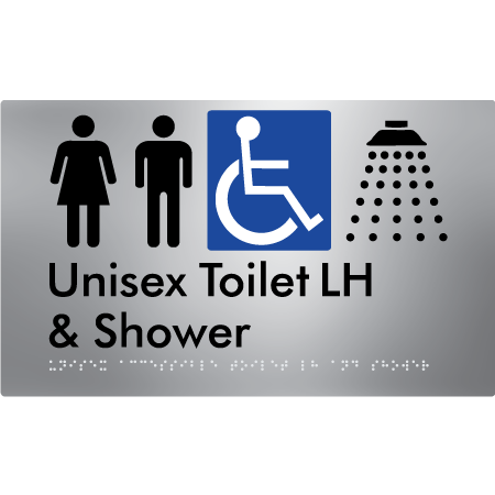 Braille Sign Unisex Accessible Toilet LH & Shower - Braille Tactile Signs Aust. - BTS35LHn-aliS - Custom Signs - Fast Shipping - High Quality - Australian Made &amp; Owned