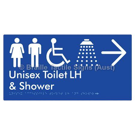 Braille Sign Unisex Accessible Toilet LH & Shower w/ Large Arrow: - Braille Tactile Signs (Aust) - BTS35LHn->R-blu - Fully Custom Signs - Fast Shipping - High Quality - Australian Made &amp; Owned