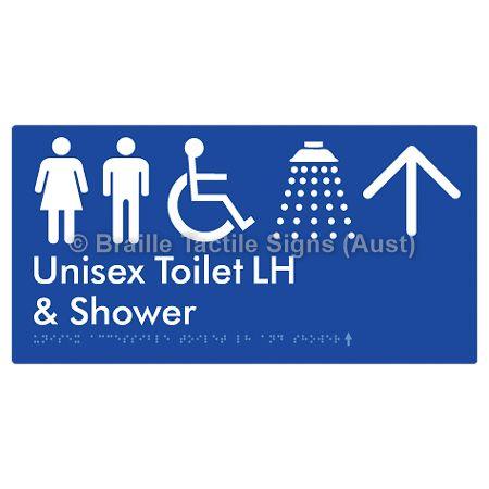 Braille Sign Unisex Accessible Toilet LH & Shower w/ Large Arrow: - Braille Tactile Signs (Aust) - BTS35LHn->U-blu - Fully Custom Signs - Fast Shipping - High Quality - Australian Made &amp; Owned