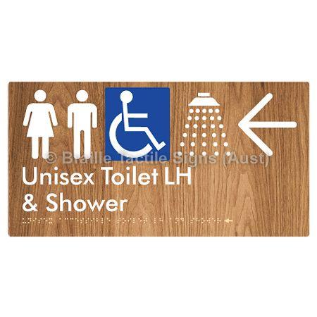 Braille Sign Unisex Accessible Toilet LH & Shower w/ Large Arrow: - Braille Tactile Signs (Aust) - BTS35LHn->L-wdg - Fully Custom Signs - Fast Shipping - High Quality - Australian Made &amp; Owned