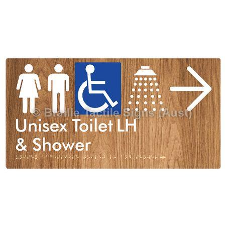 Braille Sign Unisex Accessible Toilet LH & Shower w/ Large Arrow: - Braille Tactile Signs (Aust) - BTS35LHn->R-wdg - Fully Custom Signs - Fast Shipping - High Quality - Australian Made &amp; Owned
