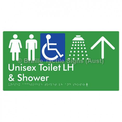 Braille Sign Unisex Accessible Toilet LH & Shower w/ Large Arrow: - Braille Tactile Signs Aust. - BTS35LHn->L-blu - Custom Signs - Fast Shipping - High Quality - Australian Made &amp; Owned