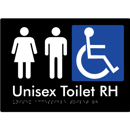 Braille Sign Unisex Accessible Toilet LH / RH - Braille Tactile Signs Aust. - BTS11RHn-blk - Custom Signs - Fast Shipping - High Quality - Australian Made &amp; Owned