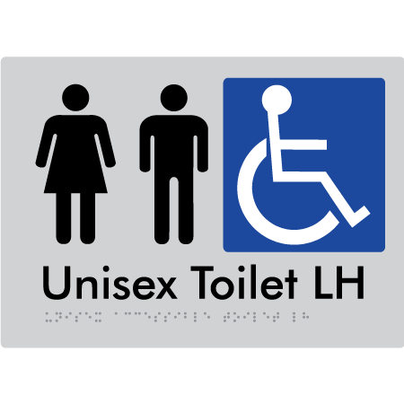 Braille Sign Unisex Accessible Toilet LH / RH - Braille Tactile Signs Aust. - BTS11LHn-slv - Custom Signs - Fast Shipping - High Quality - Australian Made &amp; Owned