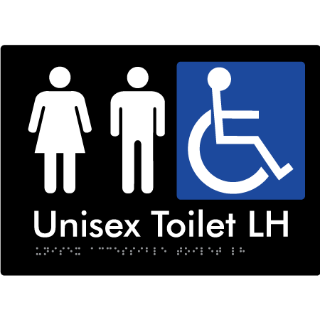 Braille Sign Unisex Accessible Toilet LH / RH - Braille Tactile Signs Aust. - BTS11LHn-blk - Custom Signs - Fast Shipping - High Quality - Australian Made &amp; Owned