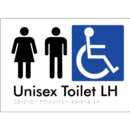 Braille Sign Unisex Accessible Toilet LH / RH - Braille Tactile Signs Aust. - BTS11LHn-wht - Custom Signs - Fast Shipping - High Quality - Australian Made &amp; Owned