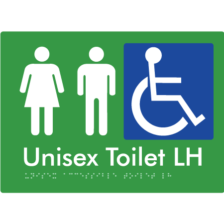 Braille Sign Unisex Accessible Toilet LH / RH - Braille Tactile Signs Aust. - BTS11LHn-grn - Custom Signs - Fast Shipping - High Quality - Australian Made &amp; Owned