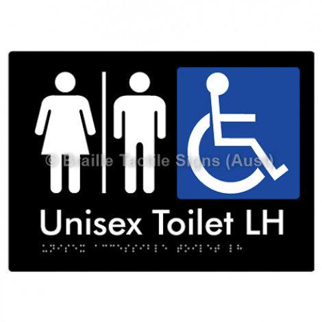 Braille Sign Unisex Accessible Toilet LH w/ Air Lock - Braille Tactile Signs (Aust) - BTS11LHn-AL-blk - Fully Custom Signs - Fast Shipping - High Quality - Australian Made &amp; Owned