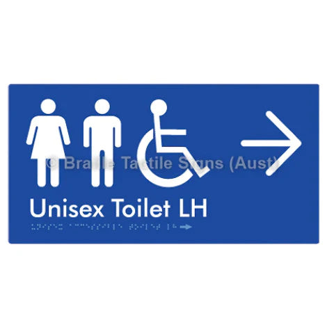Braille Sign Unisex Accessible Toilet LH w/ Large Arrow - Braille Tactile Signs (Aust) - BTS11LHn->R-blu - Fully Custom Signs - Fast Shipping - High Quality - Australian Made &amp; Owned