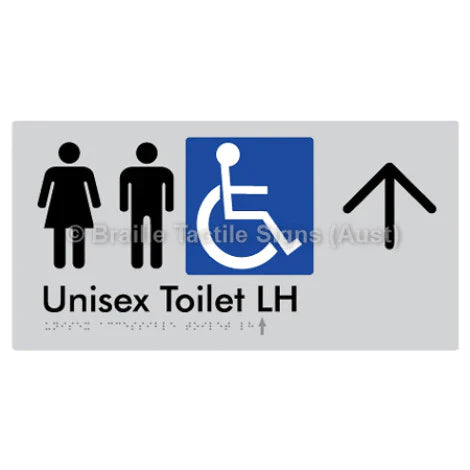 Braille Sign Unisex Accessible Toilet LH w/ Large Arrow - Braille Tactile Signs (Aust) - BTS11LHn->U-slv - Fully Custom Signs - Fast Shipping - High Quality - Australian Made &amp; Owned