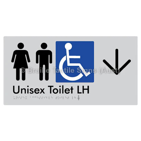 Braille Sign Unisex Accessible Toilet LH w/ Large Arrow - Braille Tactile Signs (Aust) - BTS11LHn->D-slv - Fully Custom Signs - Fast Shipping - High Quality - Australian Made &amp; Owned