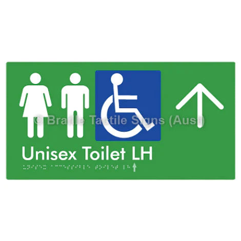 Braille Sign Unisex Accessible Toilet LH w/ Large Arrow - Braille Tactile Signs (Aust) - BTS11LHn->U-grn - Fully Custom Signs - Fast Shipping - High Quality - Australian Made &amp; Owned