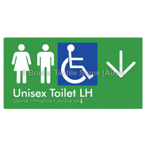 Braille Sign Unisex Accessible Toilet LH w/ Large Arrow - Braille Tactile Signs (Aust) - BTS11LHn->D-grn - Fully Custom Signs - Fast Shipping - High Quality - Australian Made &amp; Owned