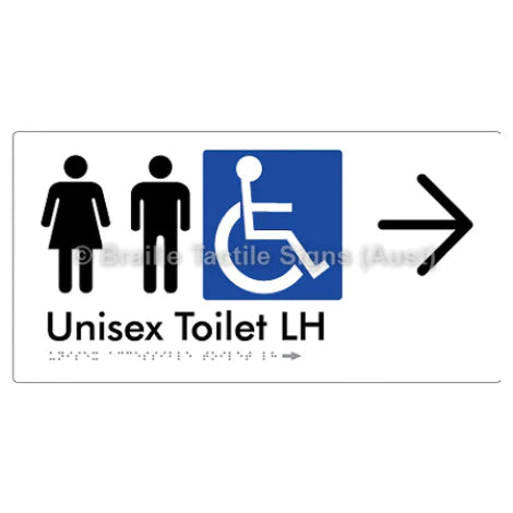 Braille Sign Unisex Accessible Toilet LH w/ Large Arrow - Braille Tactile Signs (Aust) - BTS11LHn->R-wht - Fully Custom Signs - Fast Shipping - High Quality - Australian Made &amp; Owned