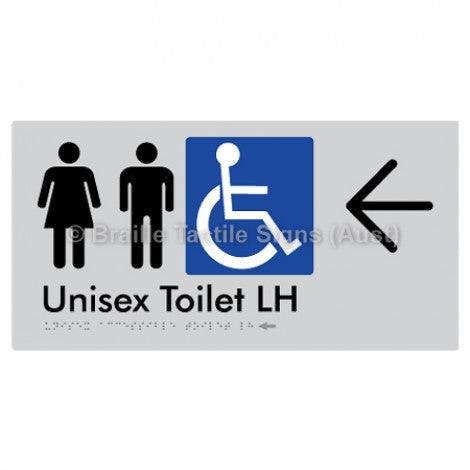 Braille Sign Unisex Accessible Toilet LH w/ Large Arrow - Braille Tactile Signs (Aust) - BTS11LHn->L-slv - Fully Custom Signs - Fast Shipping - High Quality - Australian Made &amp; Owned