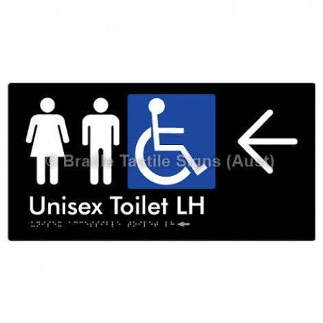 Braille Sign Unisex Accessible Toilet LH w/ Large Arrow - Braille Tactile Signs (Aust) - BTS11LHn->L-blk - Fully Custom Signs - Fast Shipping - High Quality - Australian Made &amp; Owned