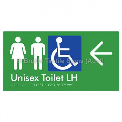 Braille Sign Unisex Accessible Toilet LH w/ Large Arrow - Braille Tactile Signs (Aust) - BTS11LHn->L-grn - Fully Custom Signs - Fast Shipping - High Quality - Australian Made &amp; Owned