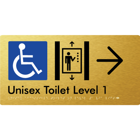 Braille Sign Unisex Accessible Toilet on Level 1 Via Lift w/ Large Arrow - Braille Tactile Signs Aust. - BTS276-01->R-aliG - Custom Signs - Fast Shipping - High Quality - Australian Made &amp; Owned