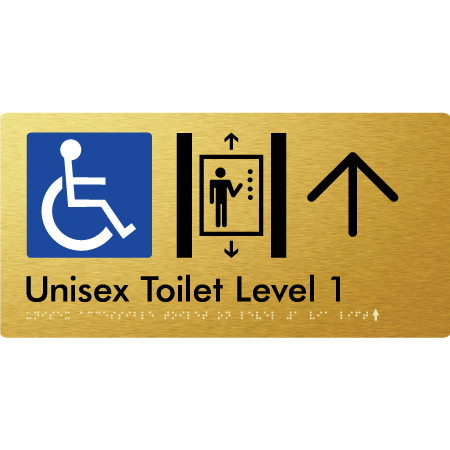 Braille Sign Unisex Accessible Toilet on Level 1 Via Lift w/ Large Arrow - Braille Tactile Signs Aust. - BTS276-01->U-aliG - Custom Signs - Fast Shipping - High Quality - Australian Made &amp; Owned