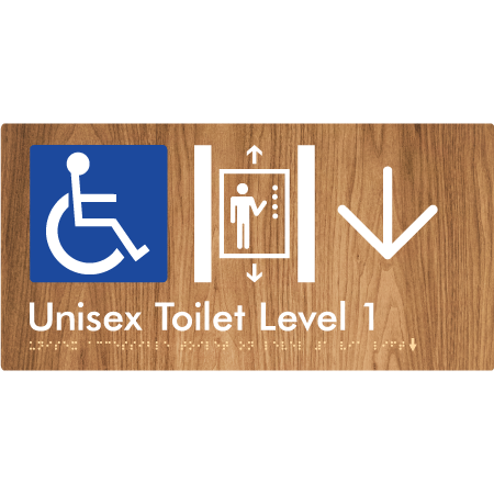 Braille Sign Unisex Accessible Toilet on Level 1 Via Lift w/ Large Arrow - Braille Tactile Signs Aust. - BTS276-01->L-blu - Custom Signs - Fast Shipping - High Quality - Australian Made &amp; Owned