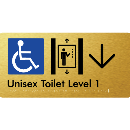 Braille Sign Unisex Accessible Toilet on Level 1 Via Lift w/ Large Arrow - Braille Tactile Signs Aust. - BTS276-01->D-aliG - Custom Signs - Fast Shipping - High Quality - Australian Made &amp; Owned