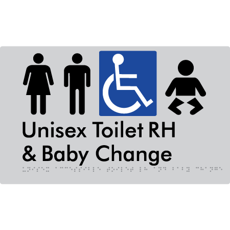 Braille Sign Unisex Accessible Toilet RH & Baby Change - Braille Tactile Signs Aust. - BTS33RHn-slv - Custom Signs - Fast Shipping - High Quality - Australian Made &amp; Owned