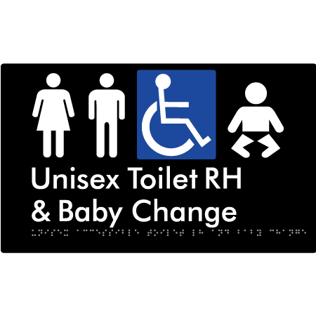 Braille Sign Unisex Accessible Toilet RH & Baby Change - Braille Tactile Signs Aust. - BTS33RHn-blk - Custom Signs - Fast Shipping - High Quality - Australian Made &amp; Owned