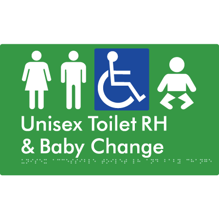 Braille Sign Unisex Accessible Toilet RH & Baby Change - Braille Tactile Signs Aust. - BTS33RHn-grn - Custom Signs - Fast Shipping - High Quality - Australian Made &amp; Owned