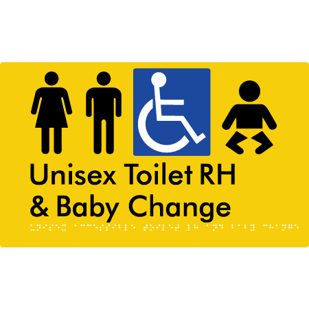 Braille Sign Unisex Accessible Toilet RH & Baby Change - Braille Tactile Signs Aust. - BTS33RHn-yel - Custom Signs - Fast Shipping - High Quality - Australian Made &amp; Owned