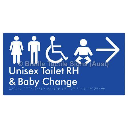 Braille Sign Unisex Accessible Toilet RH and Baby Change w/ Large Arrow: - Braille Tactile Signs (Aust) - BTS33RHn->R-blu - Fully Custom Signs - Fast Shipping - High Quality - Australian Made &amp; Owned