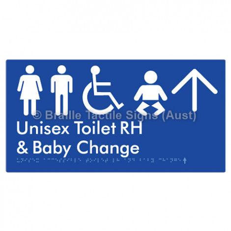 Braille Sign Unisex Accessible Toilet RH and Baby Change w/ Large Arrow: - Braille Tactile Signs (Aust) - BTS33RHn->L-blu - Fully Custom Signs - Fast Shipping - High Quality - Australian Made &amp; Owned