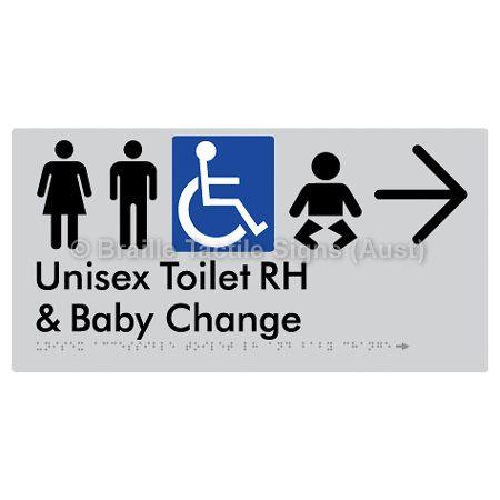 Braille Sign Unisex Accessible Toilet RH and Baby Change w/ Large Arrow: - Braille Tactile Signs (Aust) - BTS33RHn->R-slv - Fully Custom Signs - Fast Shipping - High Quality - Australian Made &amp; Owned