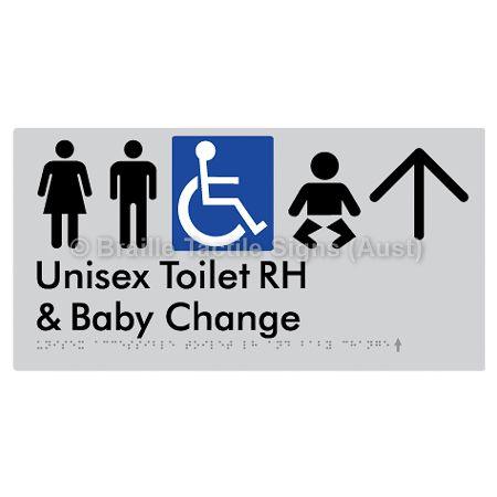 Braille Sign Unisex Accessible Toilet RH and Baby Change w/ Large Arrow: - Braille Tactile Signs (Aust) - BTS33RHn->U-slv - Fully Custom Signs - Fast Shipping - High Quality - Australian Made &amp; Owned