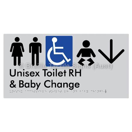 Braille Sign Unisex Accessible Toilet RH and Baby Change w/ Large Arrow: - Braille Tactile Signs (Aust) - BTS33RHn->D-slv - Fully Custom Signs - Fast Shipping - High Quality - Australian Made &amp; Owned