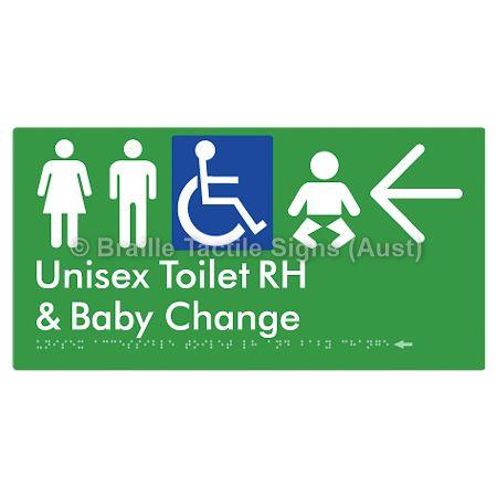 Braille Sign Unisex Accessible Toilet RH and Baby Change w/ Large Arrow: - Braille Tactile Signs (Aust) - BTS33RHn->L-grn - Fully Custom Signs - Fast Shipping - High Quality - Australian Made &amp; Owned