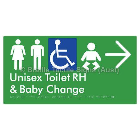 Braille Sign Unisex Accessible Toilet RH and Baby Change w/ Large Arrow: - Braille Tactile Signs (Aust) - BTS33RHn->R-grn - Fully Custom Signs - Fast Shipping - High Quality - Australian Made &amp; Owned